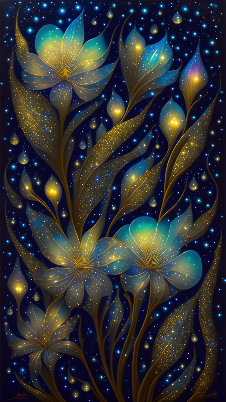 Glowing golden and teal flowers on dark blue background