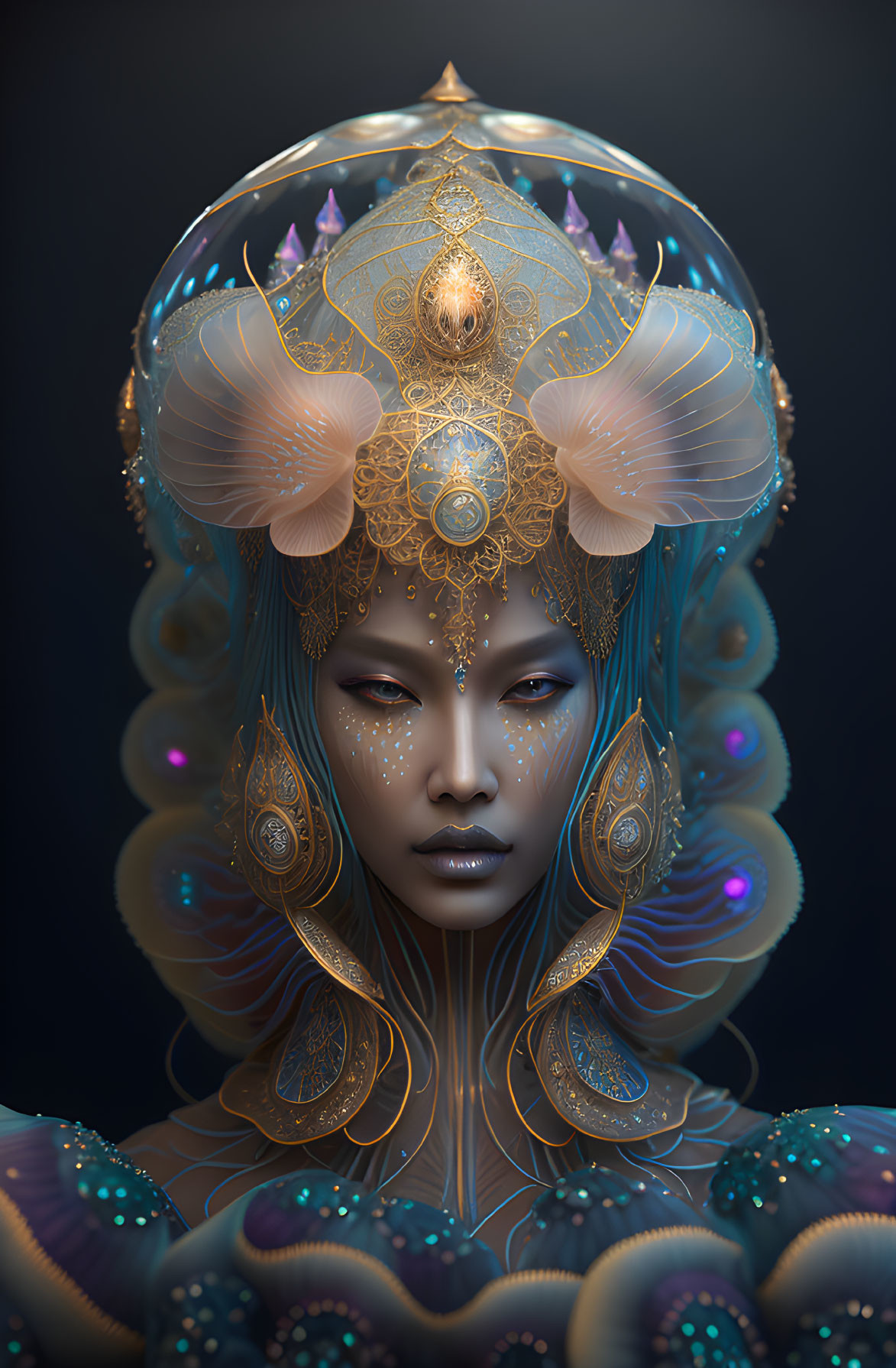 Ethereal figure with gold jewelry and headdress on dark background