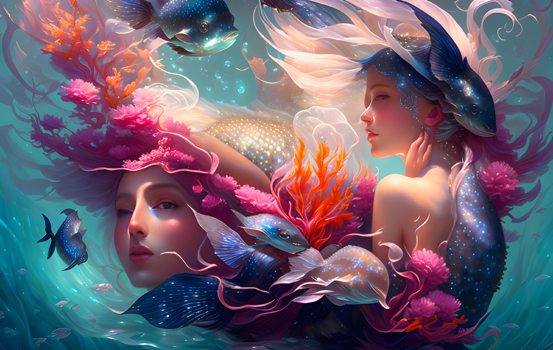 Colorful Fantasy Art: Ethereal Women with Marine Life in Underwater Scene