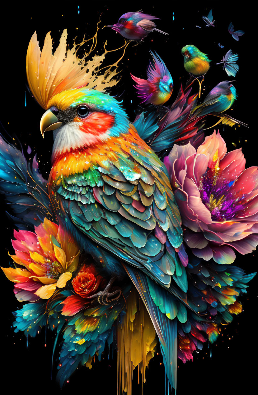 Colorful Bird Illustration Surrounded by Flowers and Birds on Dark Background