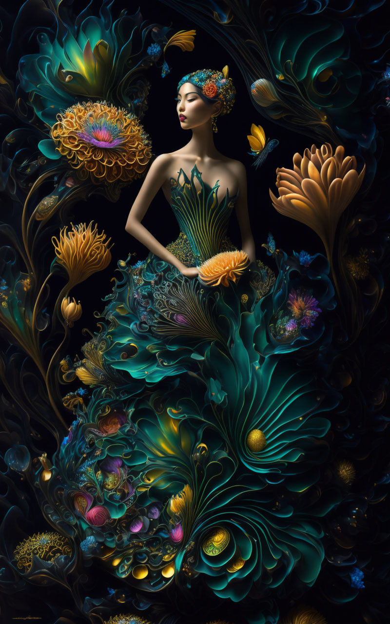 Colorful Stylized Woman Surrounded by Dark Floral and Marine Patterns