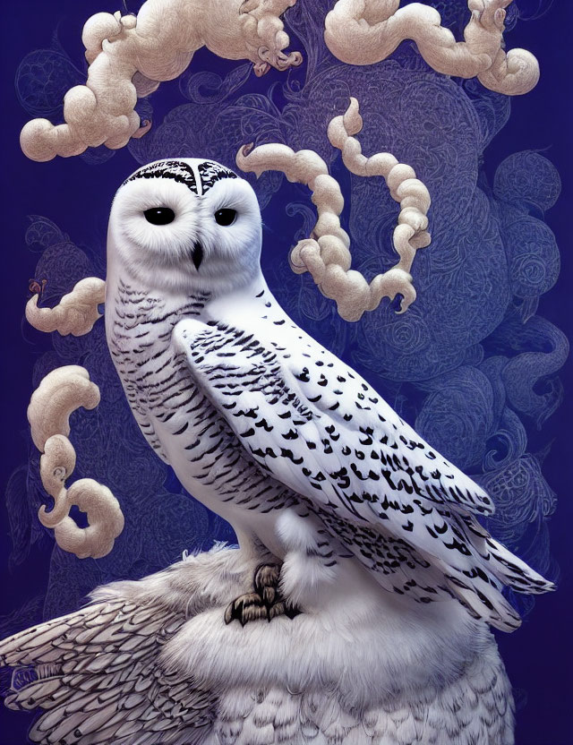 Majestic snowy owl digital illustration with stylized clouds and patterns