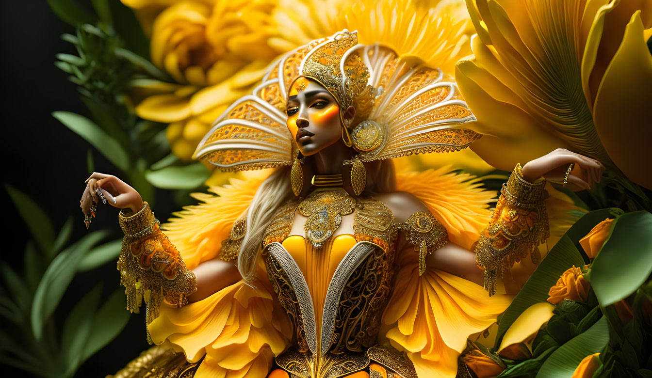 Luxurious Yellow-Gold Figurine Among Vibrant Flowers