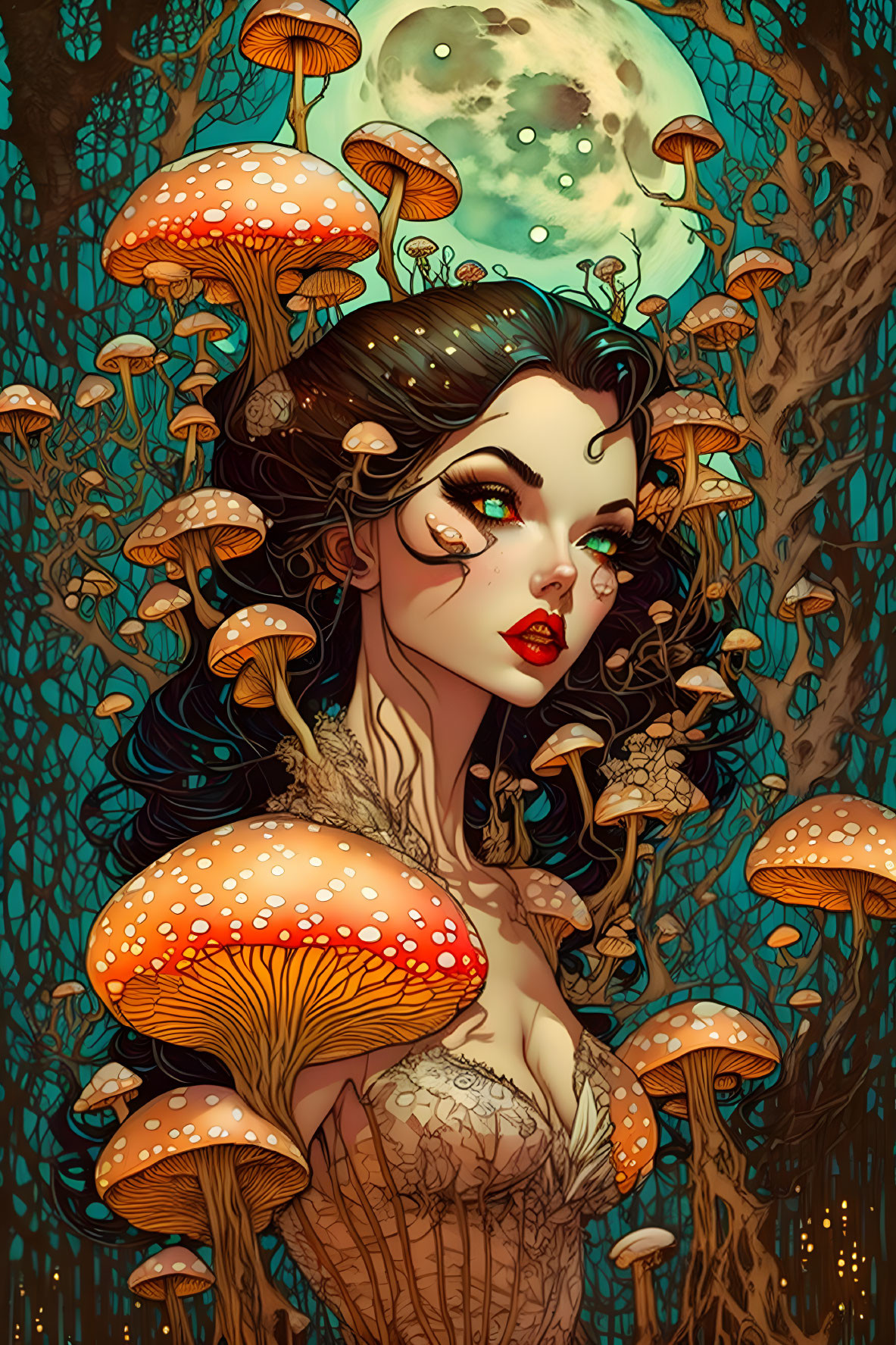 Dark-haired woman surrounded by orange mushrooms under a full moon in mystical forest