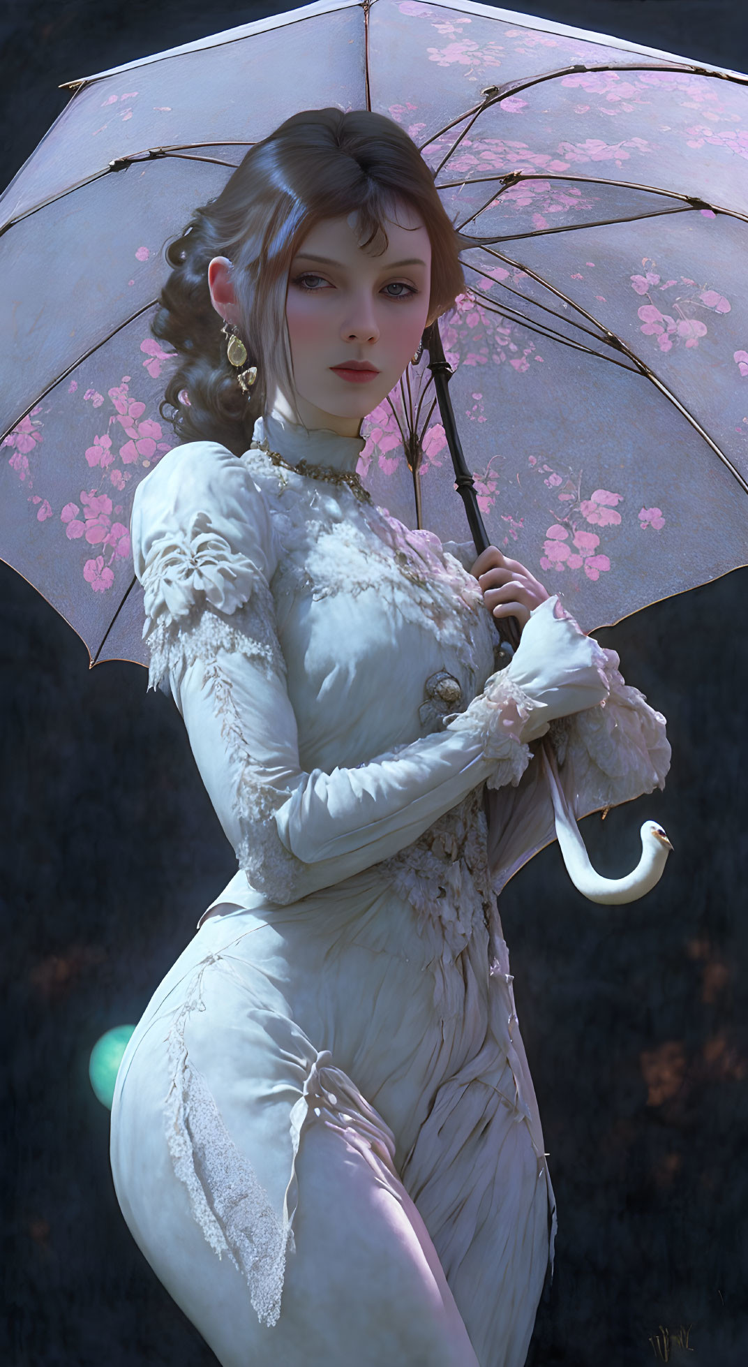 Digital artwork: Woman with elfin features, cherry blossom umbrella, white floral dress on dark backdrop