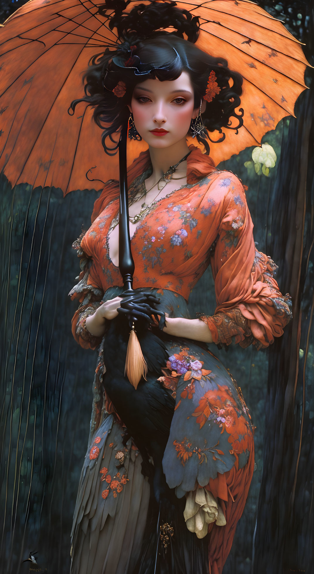 Vintage aristocratic woman with parasol and floral patterns on dark background