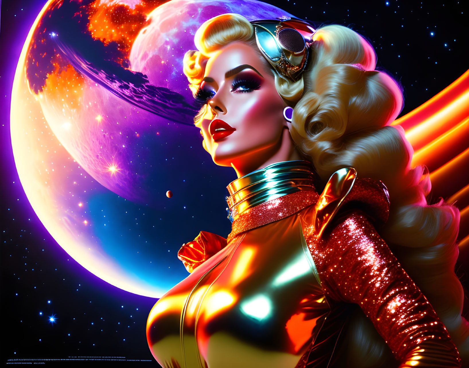 Digital illustration of woman in retro futuristic fashion on vibrant cosmic backdrop