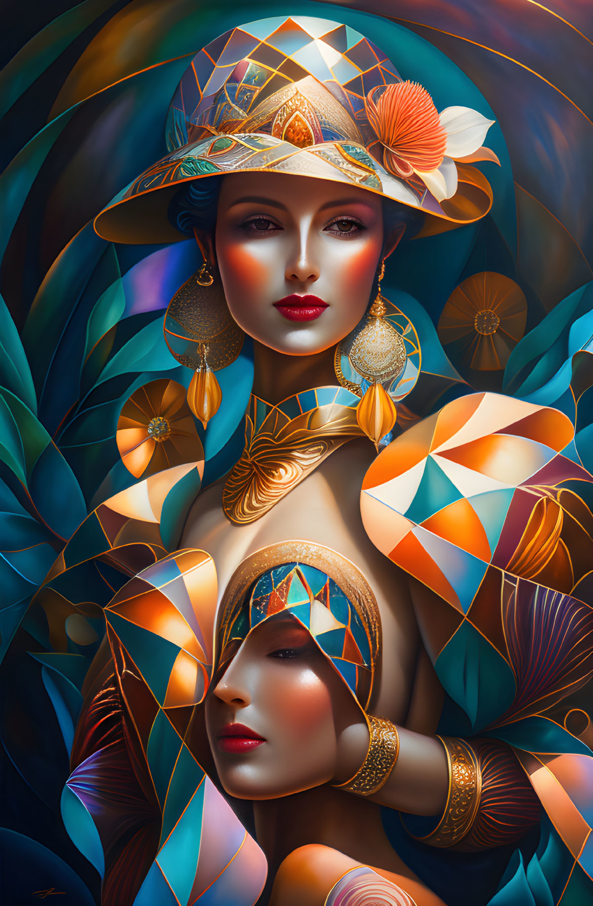 Illustration of two women with ornate headwear and jewelry in colorful floral backdrop