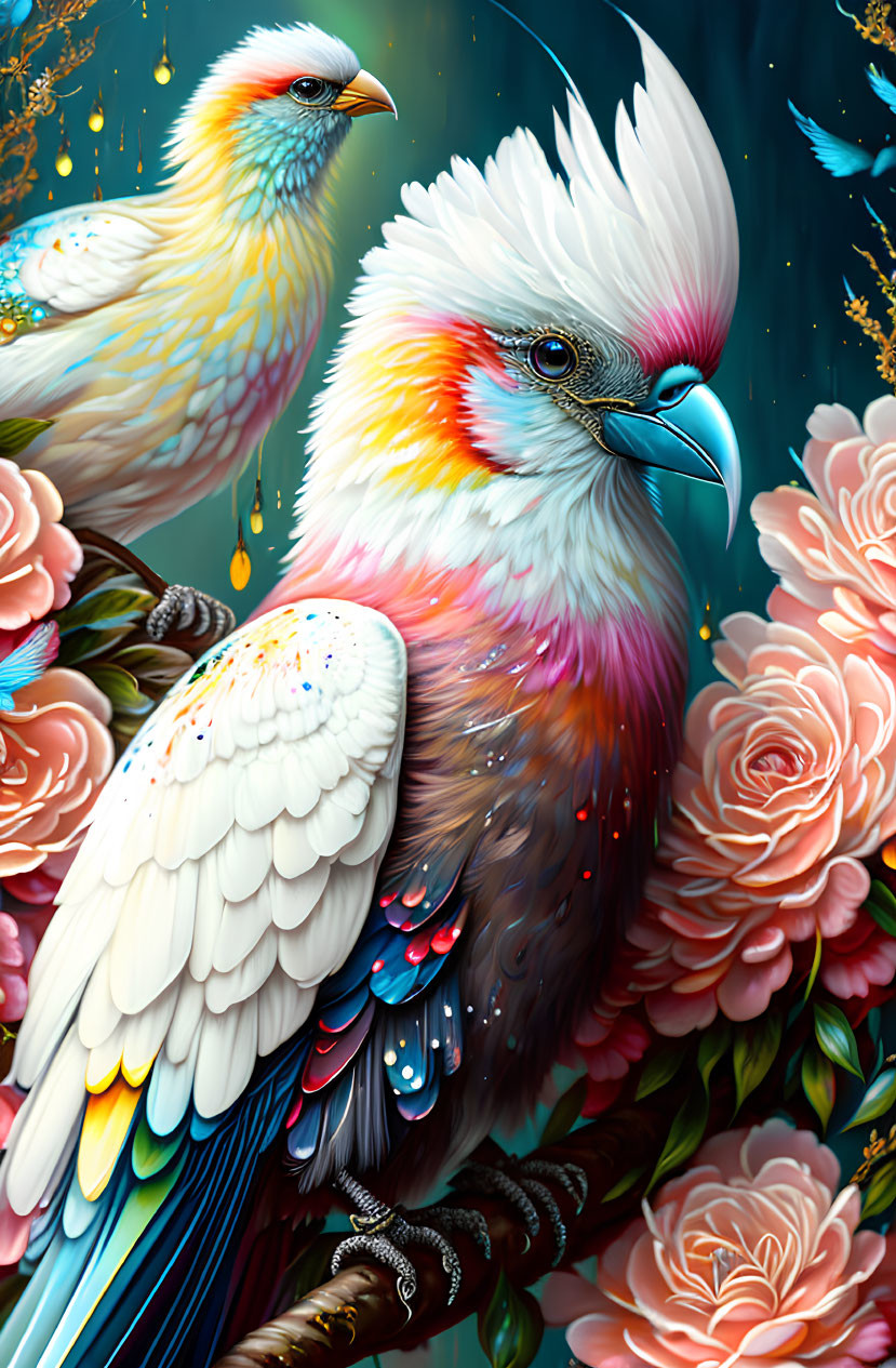 Colorful illustration of exotic birds in roses with yellow, blue, pink, and white feathers