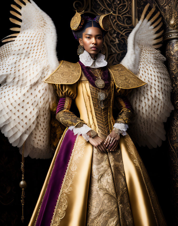 Regal figure in gold and purple costume with white wings on throne