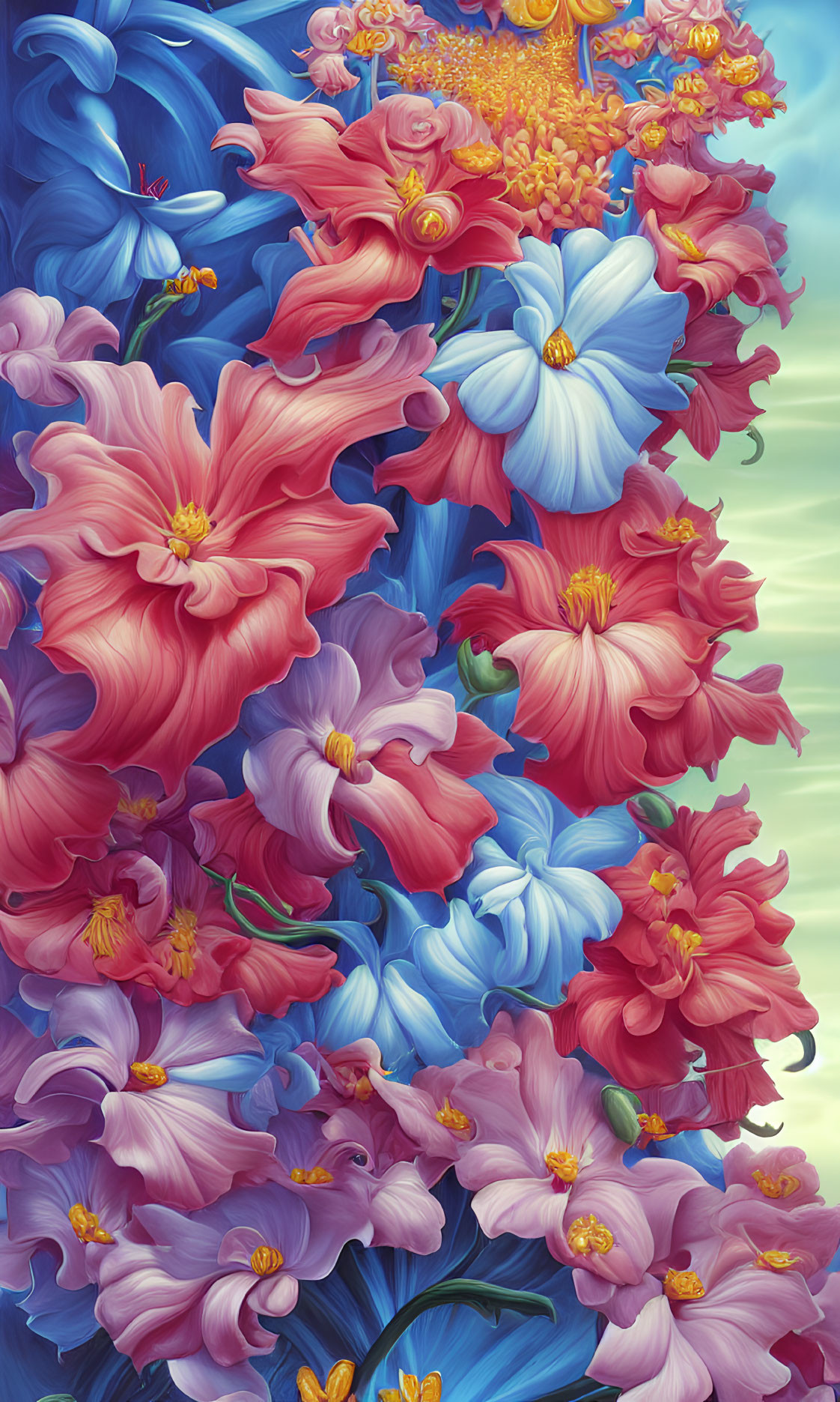 Colorful Blue and Pink Illustrated Flower Bouquet on Cloudy Background