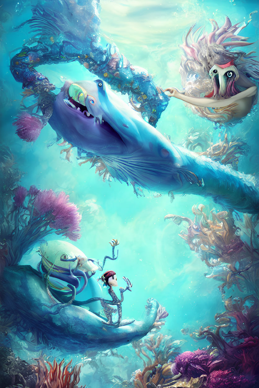 Colorful Coral and Blue Whale in Cartoonish Underwater Scene