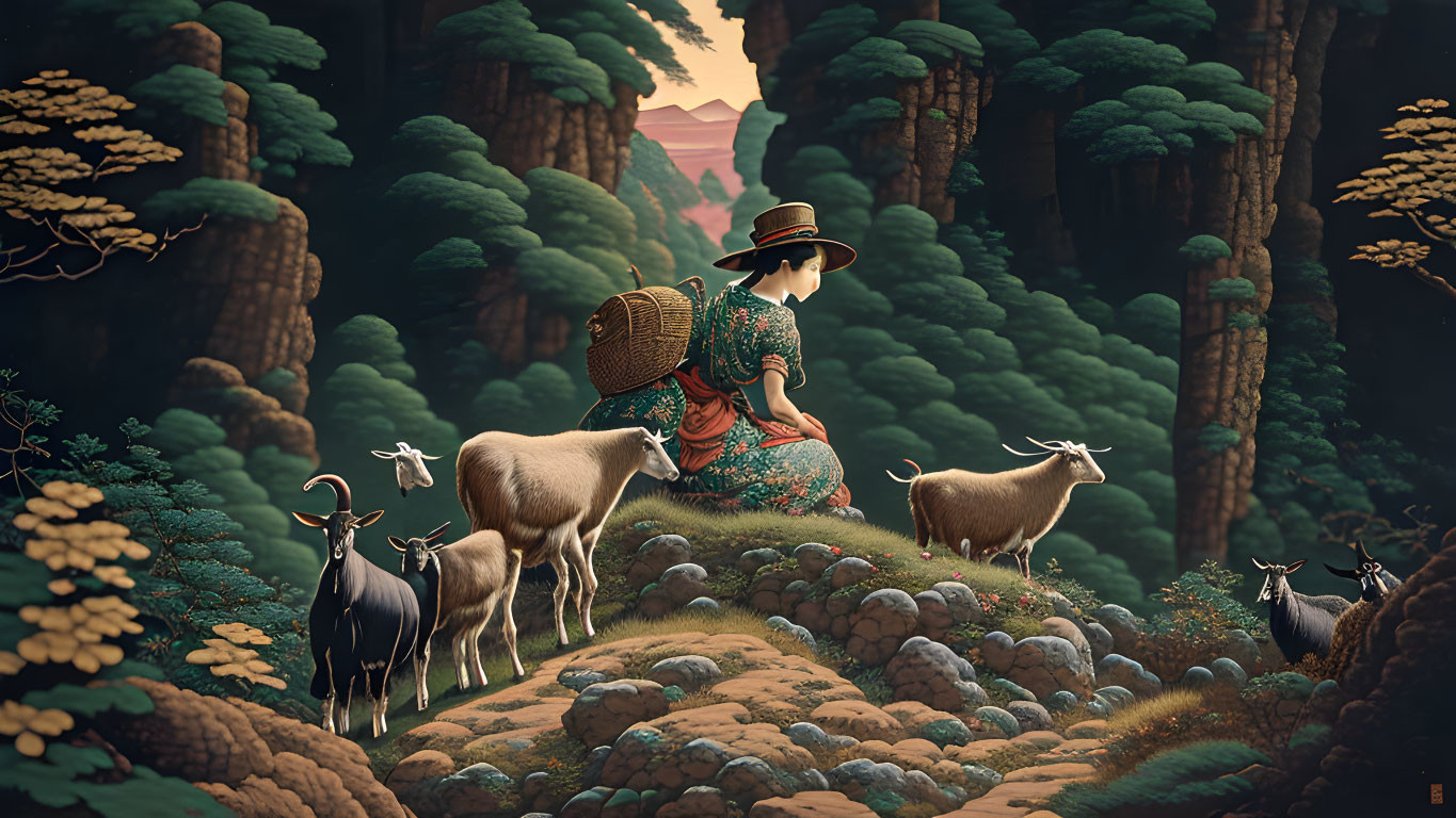 Illustration of person in traditional clothing with mountain goats in lush forest