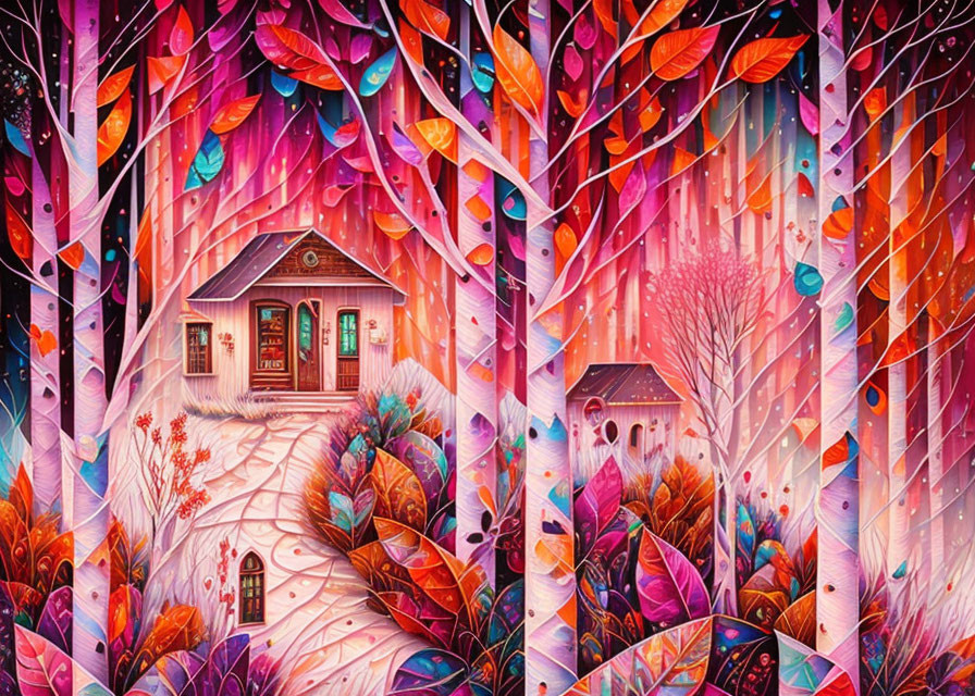 Colorful Whimsical Illustration of Small House Among Vibrant Trees