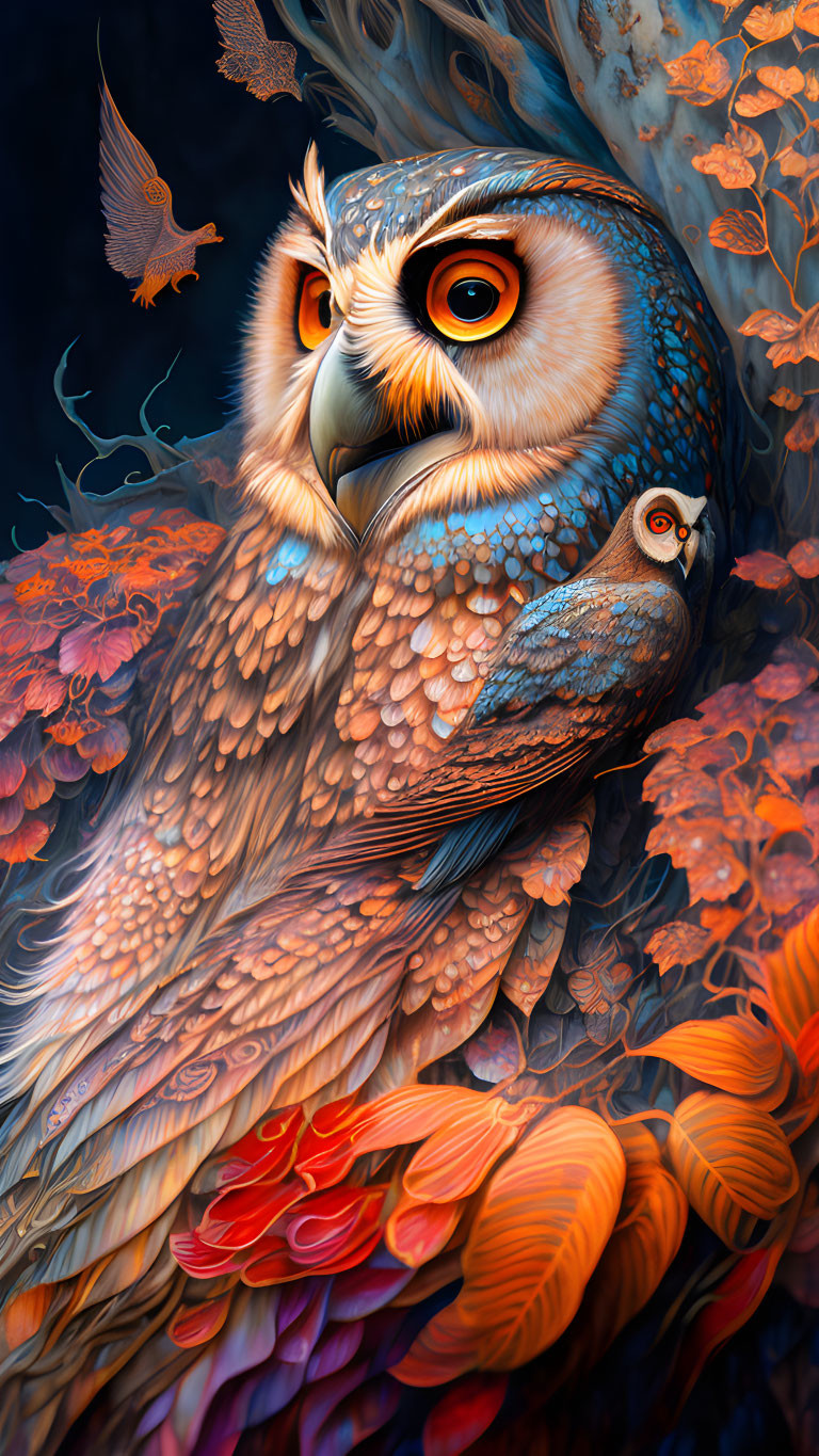 Detailed Owl Illustration Perched Among Autumn Leaves