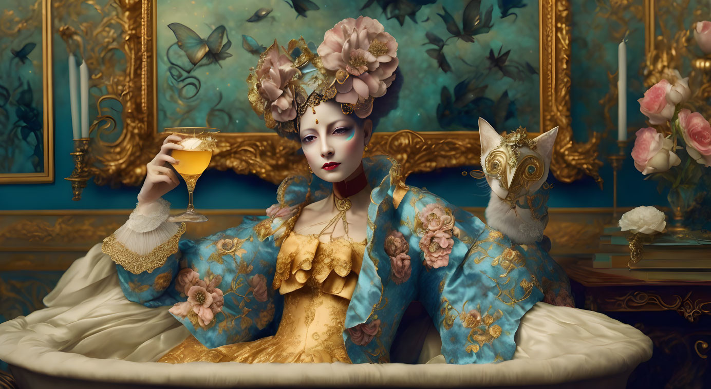 Opulent vintage dress woman with glass, masked cat in luxurious room