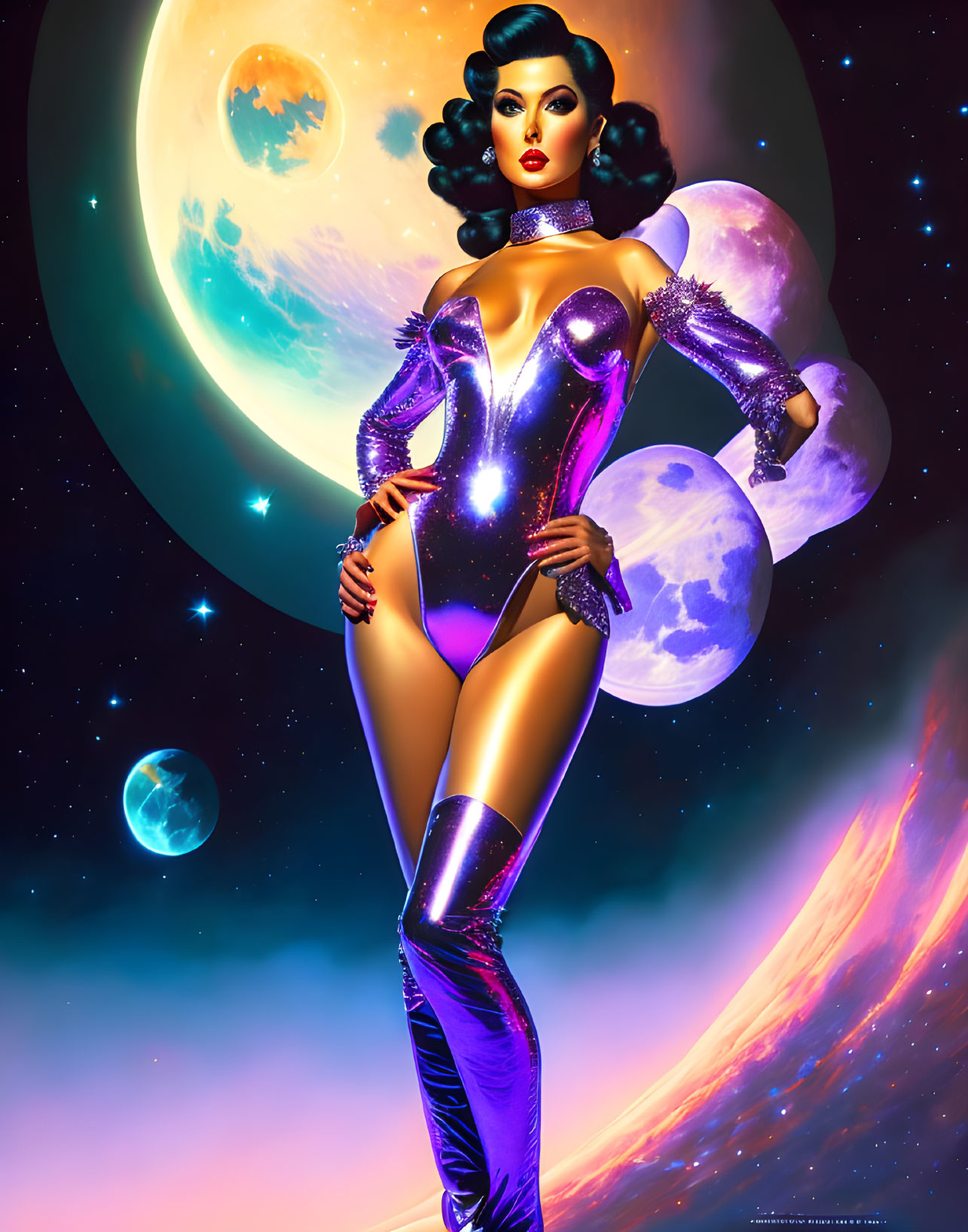 Futuristic space-themed illustration of stylized woman in shiny bodysuit against cosmic backdrop