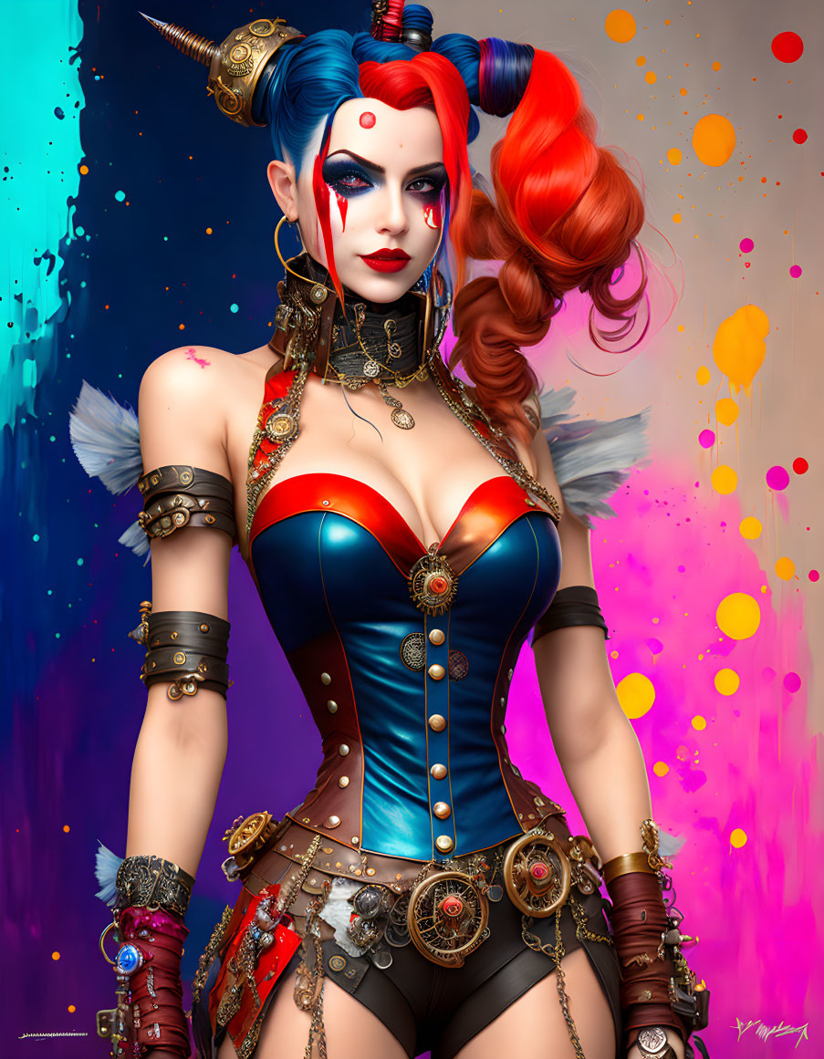 Colorful steampunk woman with blue and red hair in vibrant artwork