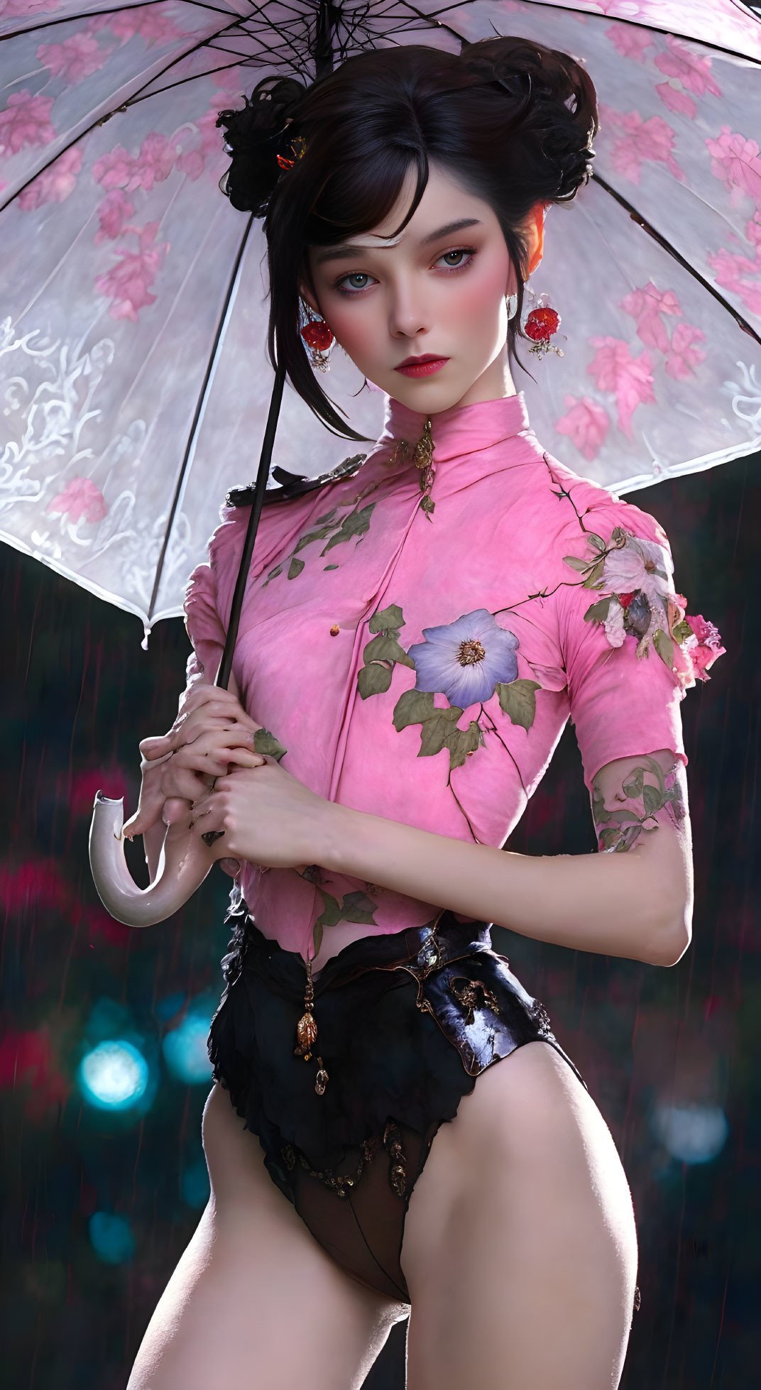 Illustrated character in pink blouse and black shorts with umbrella