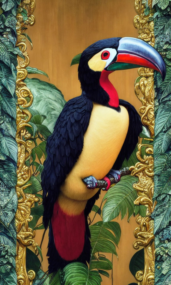 Colorful toucan with large bill in ornate golden frames and lush green foliage