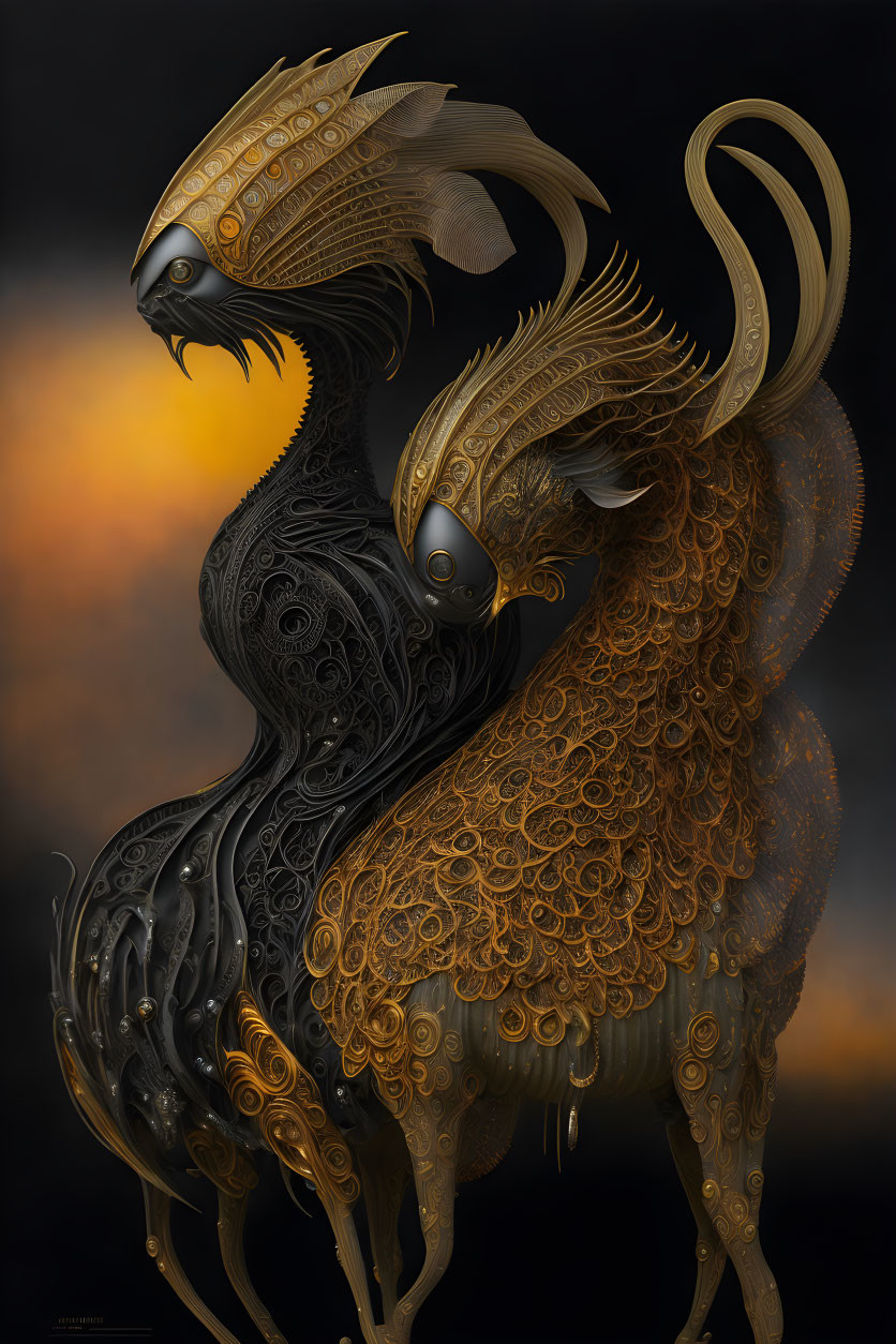 Ornate mythological bird-like creatures with golden patterns on dark bodies in amber backdrop