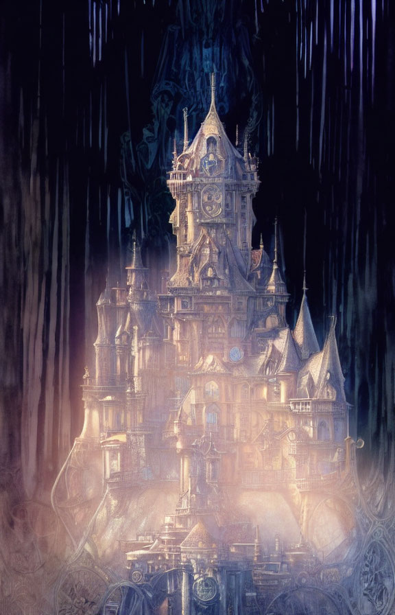 Ethereal Gothic Castle with Clock Tower in Misty Setting