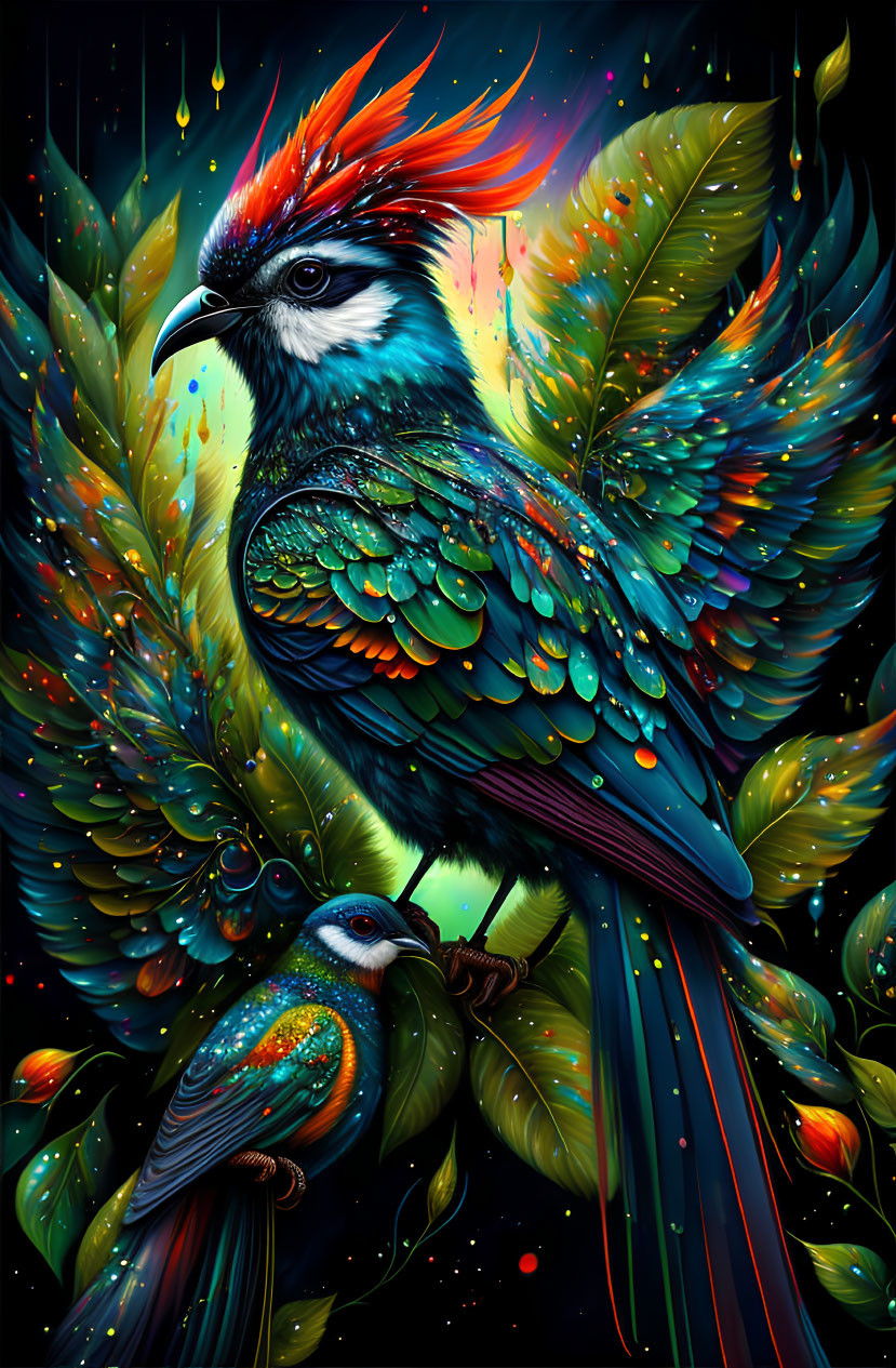 Vibrant mythical bird with iridescent feathers on dark, leafy background