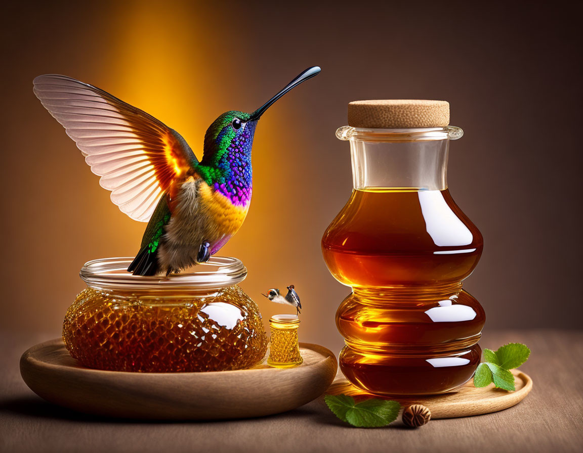 Hummingbird near honey jar, honeycomb, and bottle on wooden platform