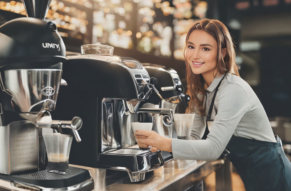 Woman in Black Apron Making Coffee in Cafe