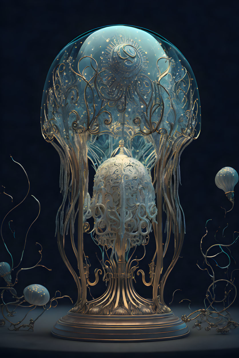 Detailed digital artwork: Jellyfish-like structure with ornate patterns, glowing elements, and tendrils on