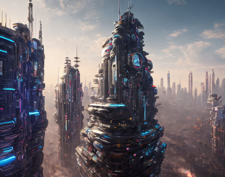 Futuristic cityscape with towering skyscrapers and neon lights