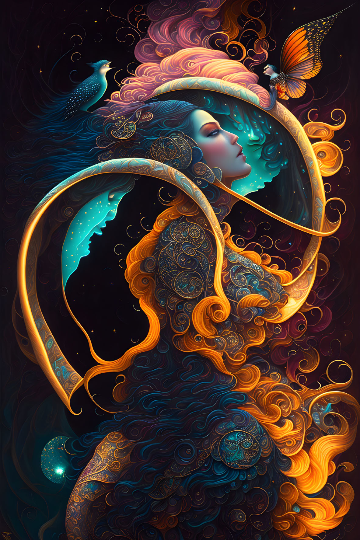 Colorful Woman with Cosmic Elements and Animals on Dark Background