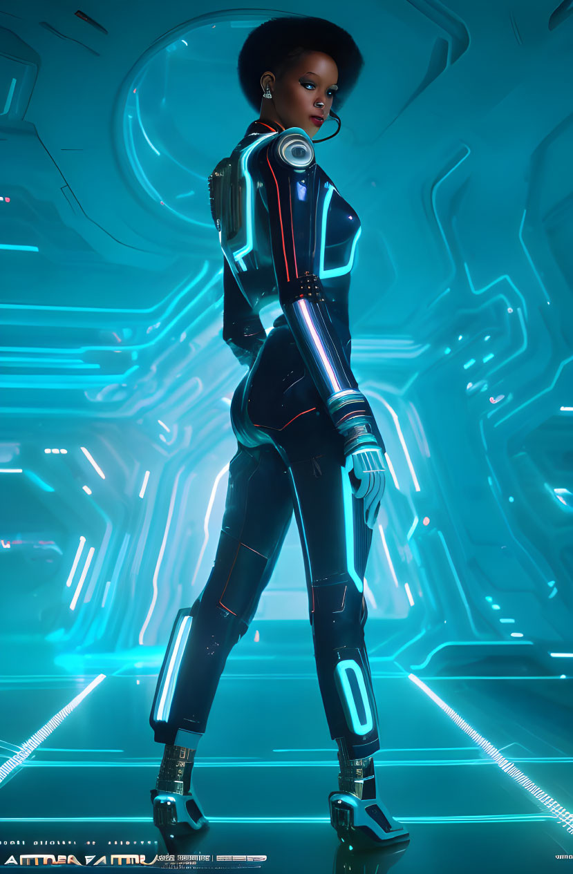 Futuristic black and white suit in neon-lit corridor