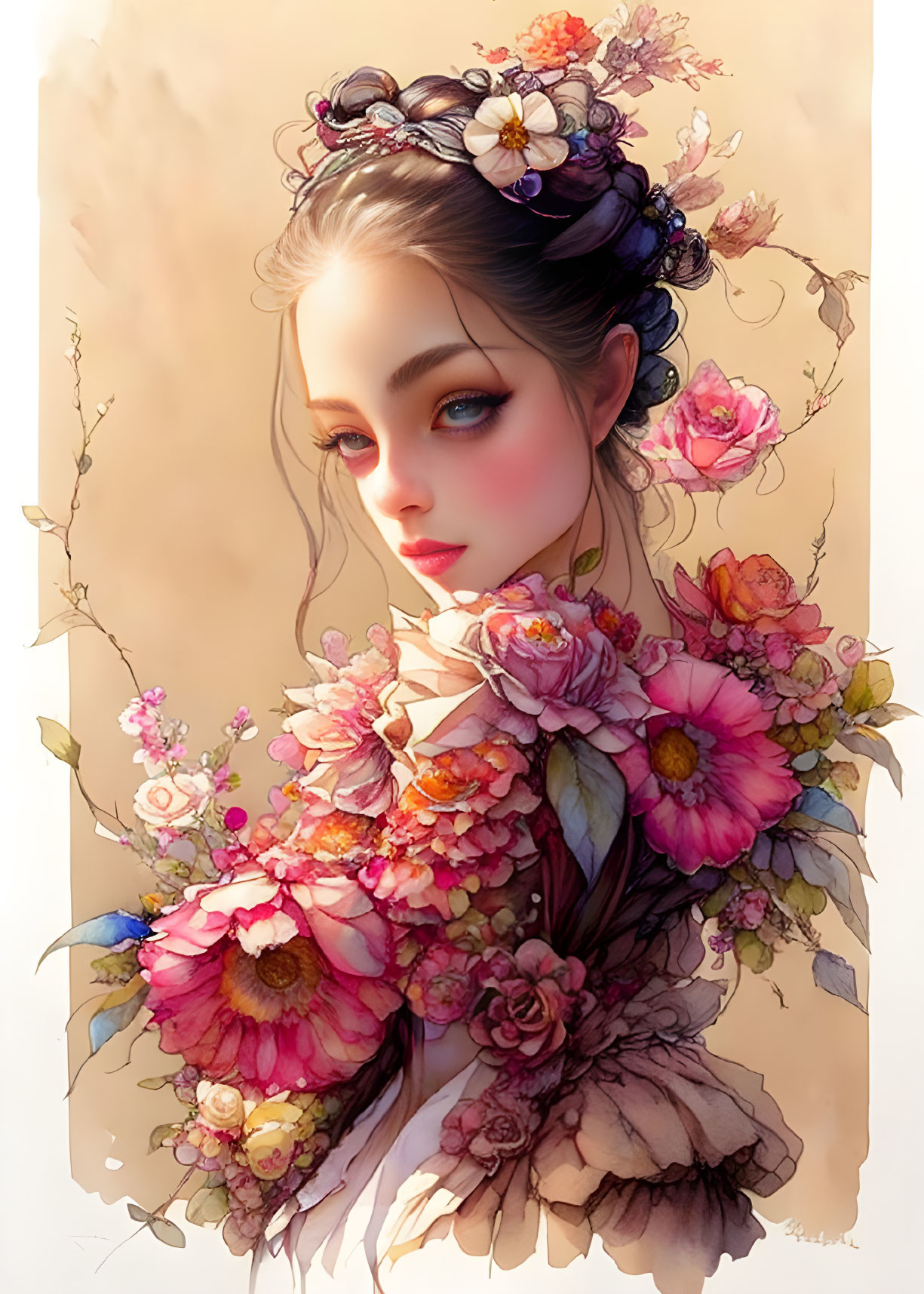 Colorful Floral Decorations Adorned Woman Portrait