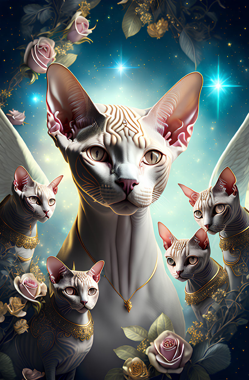 Regal sphynx cat portrait with gold jewelry, roses, and starry backdrop