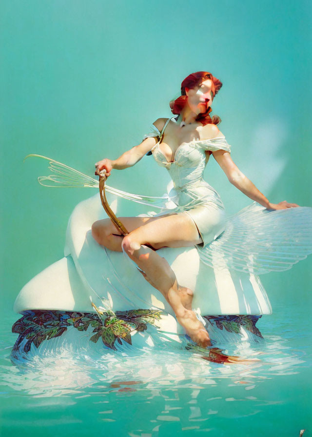 Woman in white outfit on inflatable swan with golden hoop in surreal vintage scene