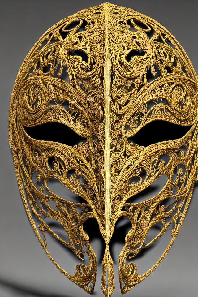 Golden Filigree Mask with Symmetrical Split on Gray Background