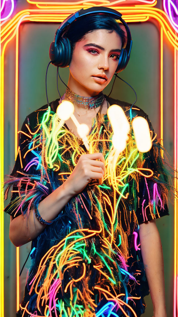 Woman in headphones with neon lights and colorful attire: A vibrant, futuristic pose