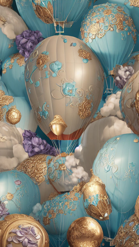 Colorful hot air balloons with gold and blue designs in the sky.