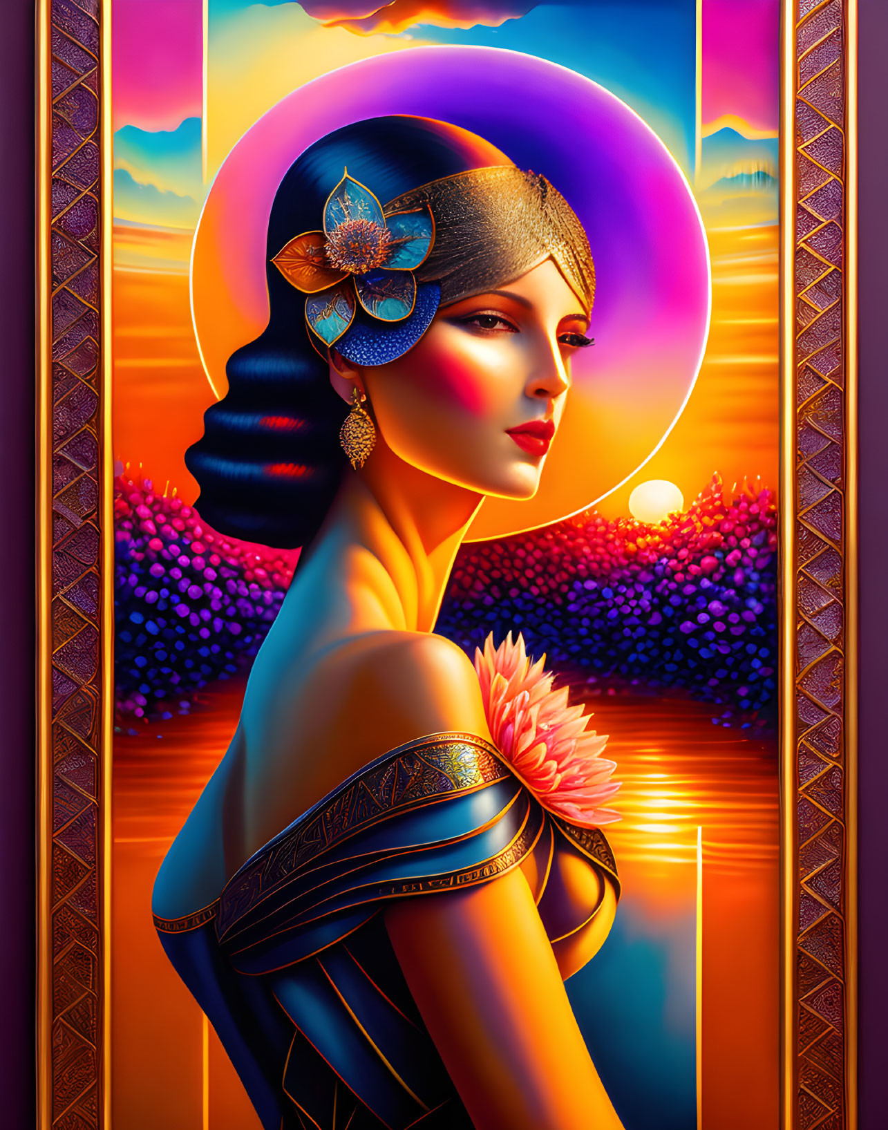 Stylized woman with flower in hair against sunset backdrop, framed with decorative border