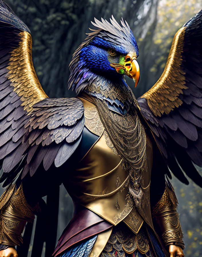 Vibrant blue anthropomorphic eagle in golden armor in misty forest