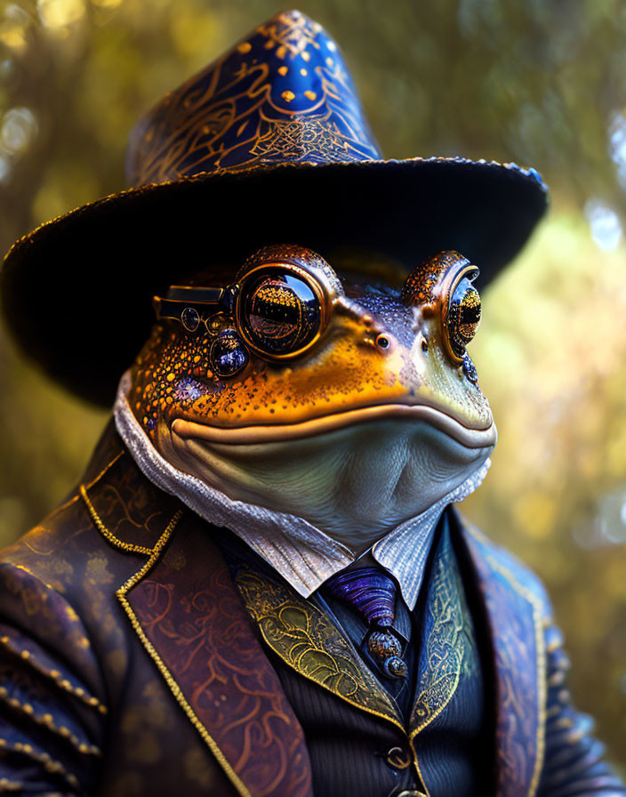 Steampunk-dressed frog in top hat and goggles on golden forest backdrop