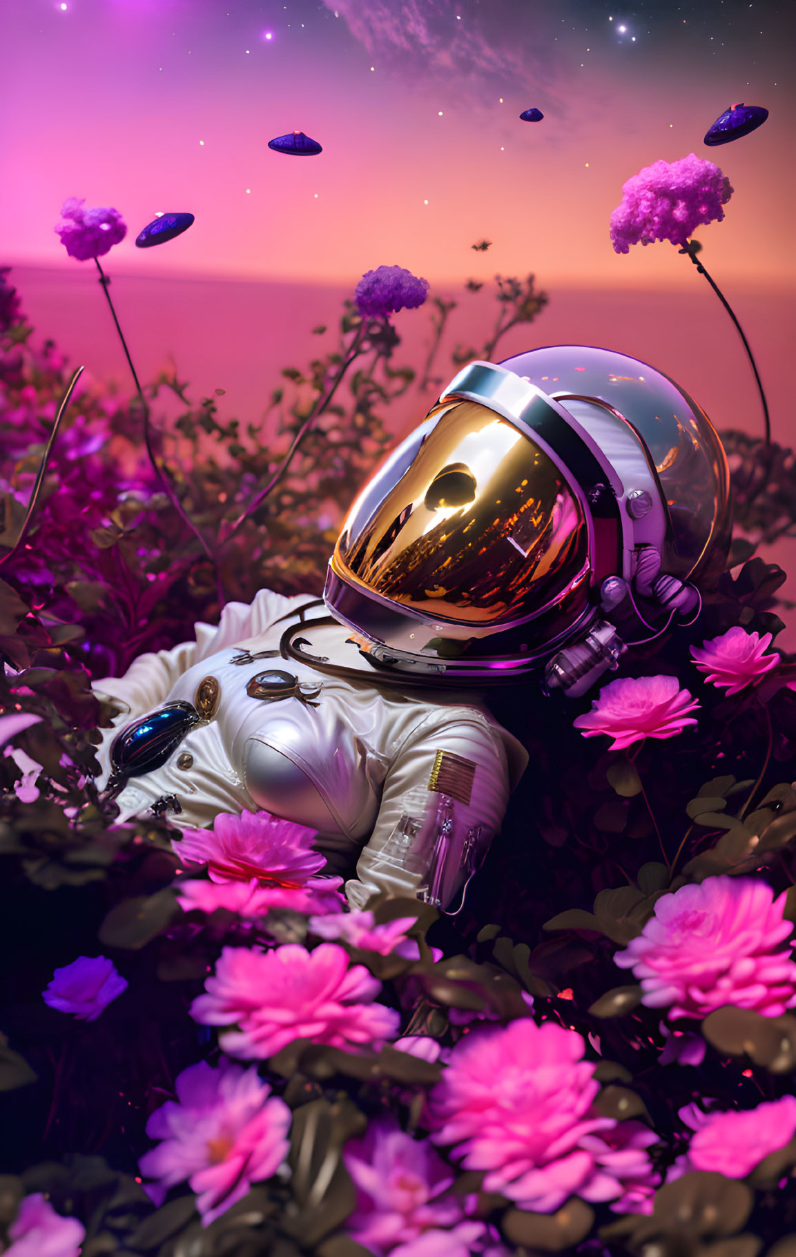 Astronaut surrounded by purple flowers under twilight sky