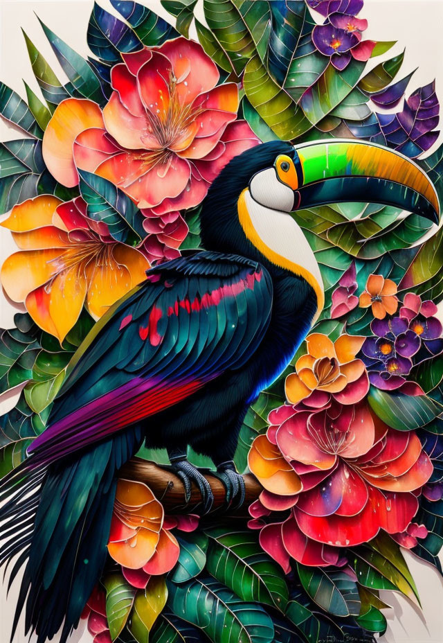 Colorful toucan surrounded by tropical flowers and foliage.