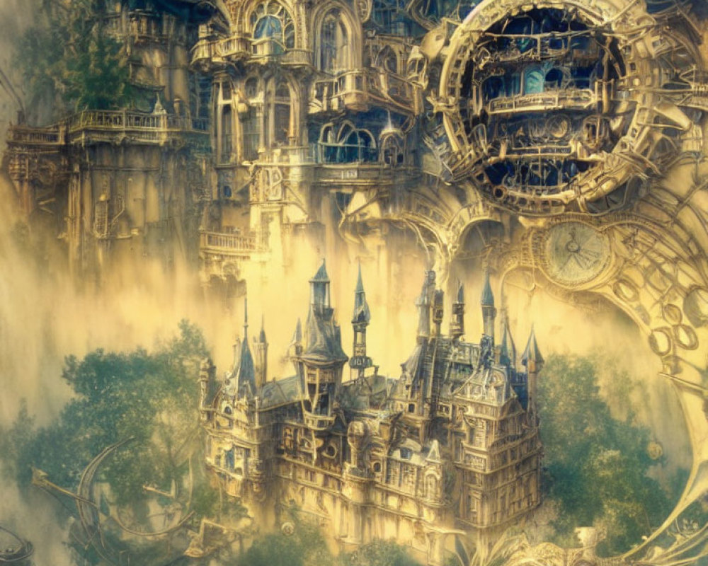 Steampunk Cityscape: Victorian-style buildings linked by gears in the clouds