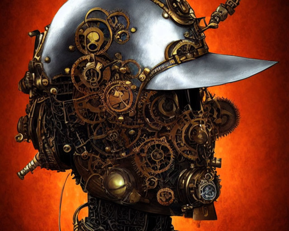 Steampunk Style Helmet with Gears and Cogs on Burnt Orange Background