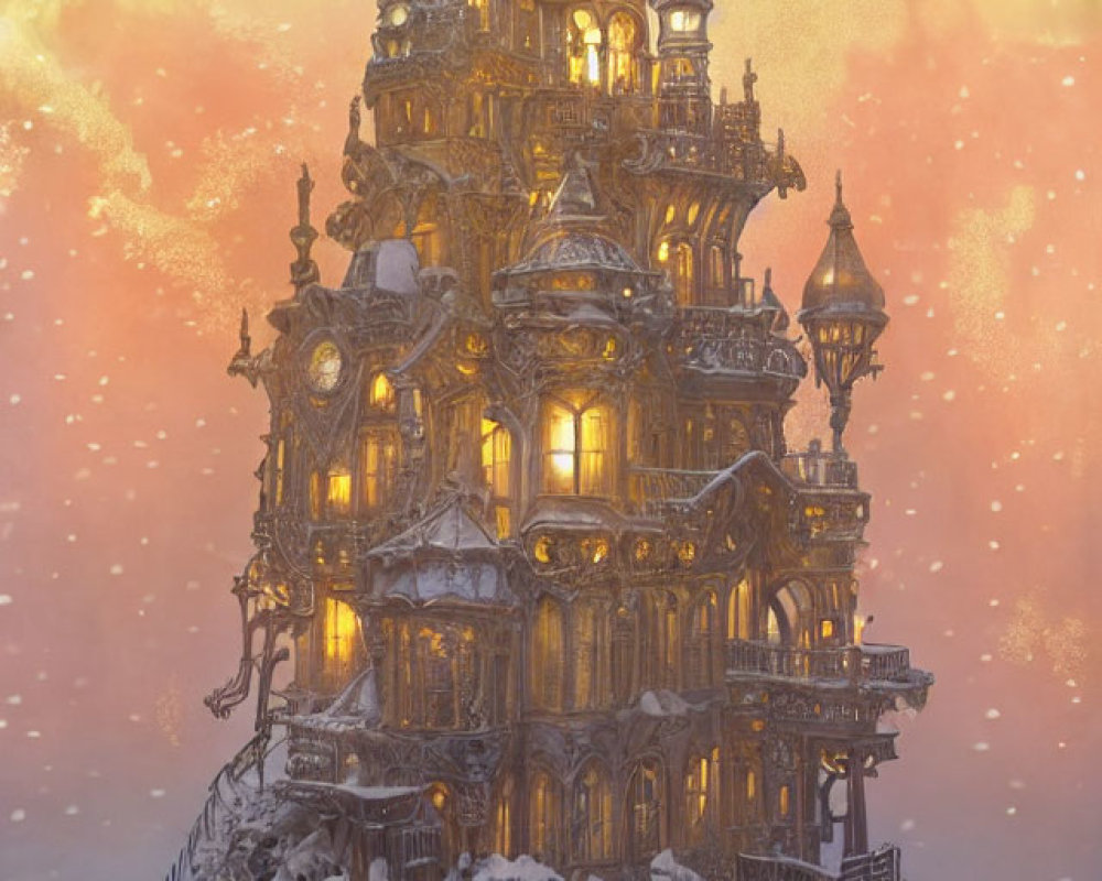 Fantasy snow-covered building under dusky sky