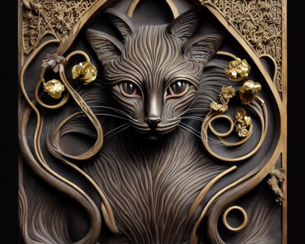 Intricately carved wooden relief featuring majestic cat and gothic elements