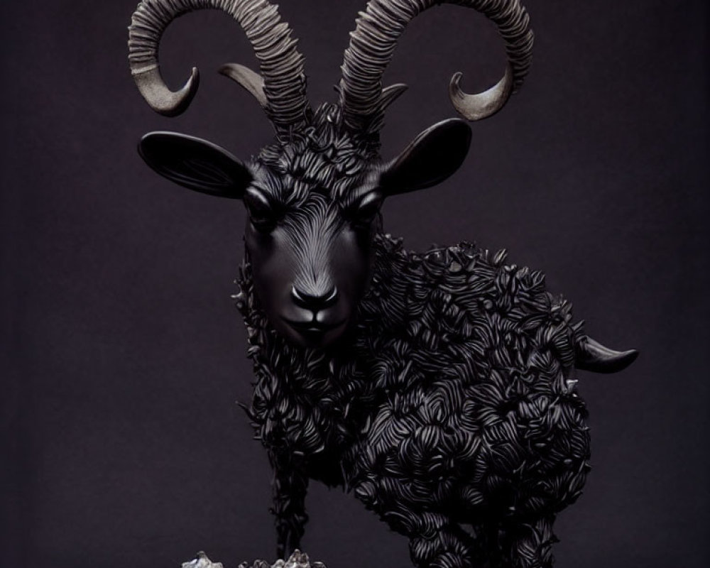 Textured black ram sculpture with spiraled horns on rocky base