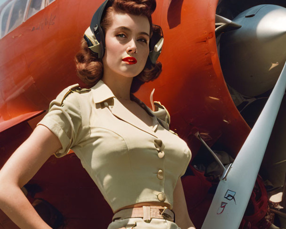 Vintage portrait of woman in stylish outfit with red propeller airplane